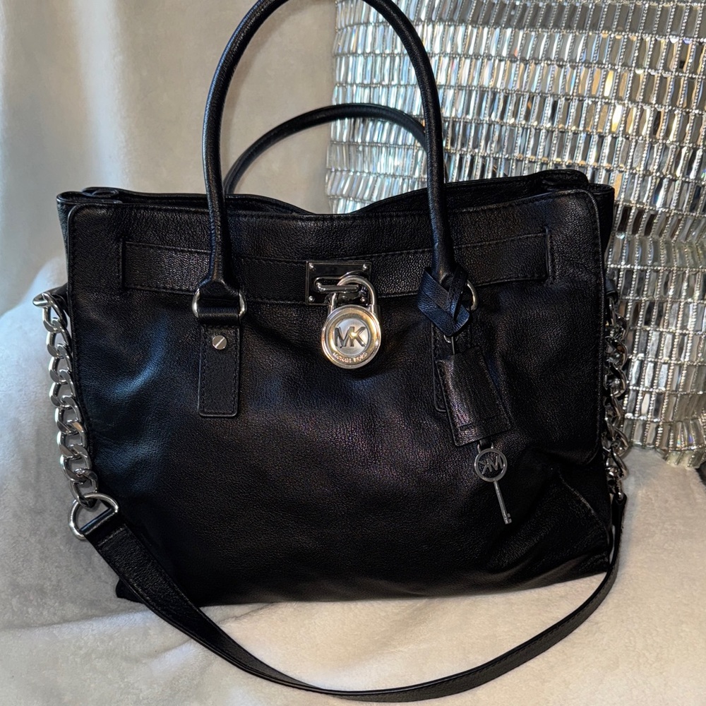 Michael Kors Leather Black Large Tote with Silver Accents